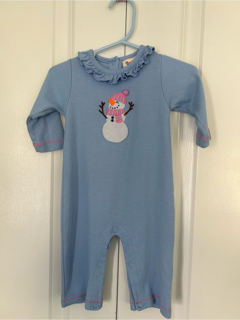 Baby Luigi Girls 6M Blue Snowman Knit Coverall One-Piece Ruffle Snap Winter